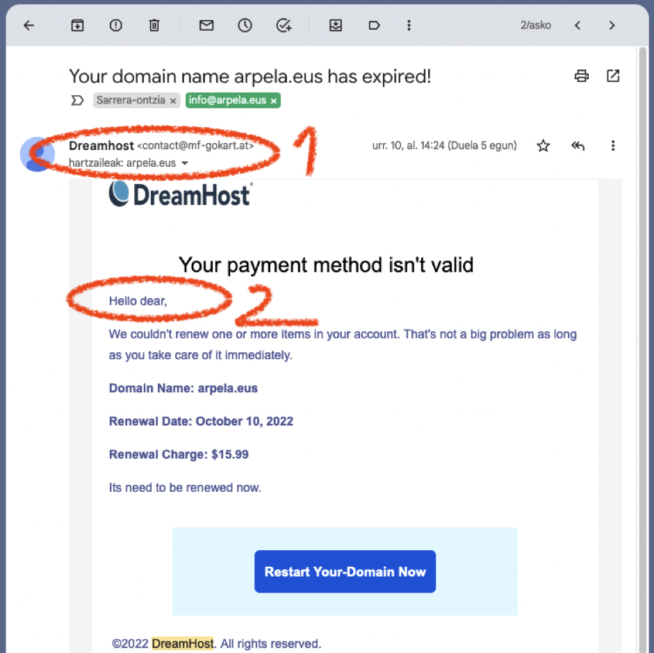 DreamHost mezu faltsua - phishing